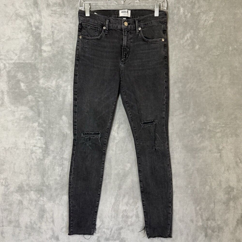 AGOLDE Jeans Sophie 27 High Waist Ankle Skinny Renegade Distressed Gray Black